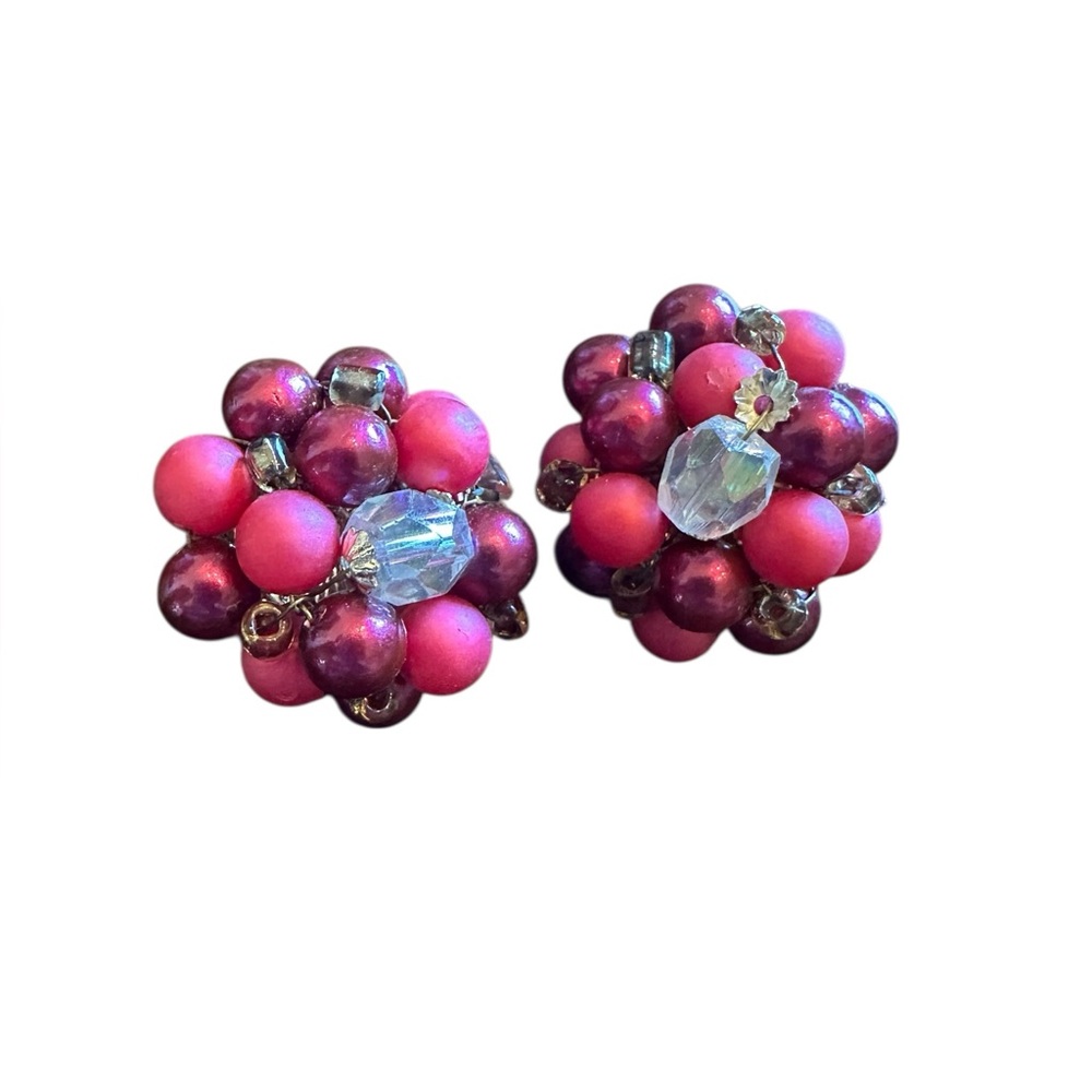 Japanese Raspberry Pink Beaded Vintage Clip On Stud Earrings